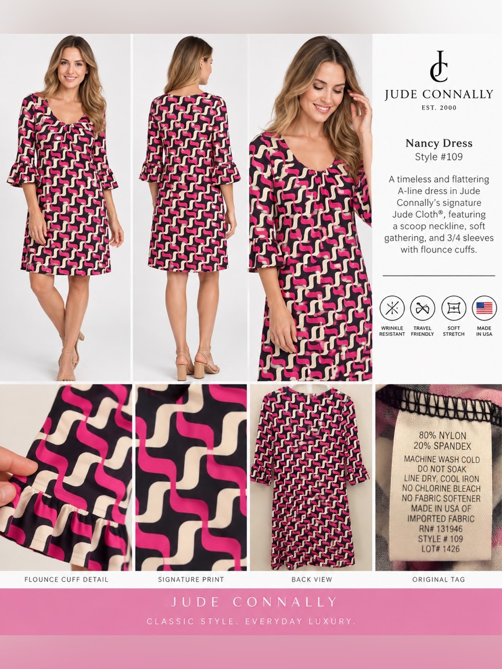 Jude Connally Nancy Dress in Pink, Black & Cream